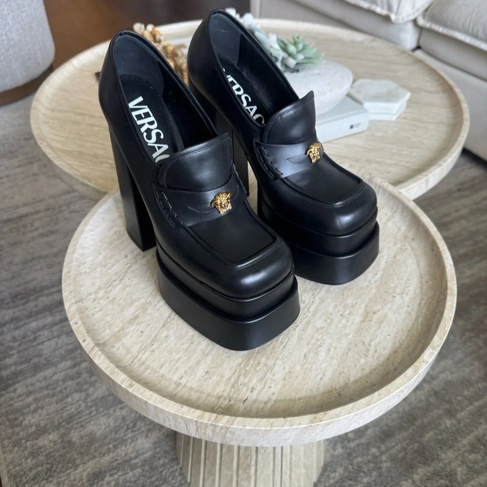 Versace Black Leather Platform Loafers with Gold Medusa